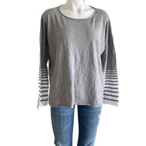 Vince Womens Large Grey Striped Sleeve Cotton Long Sleeve Crew Neck Top RN106730